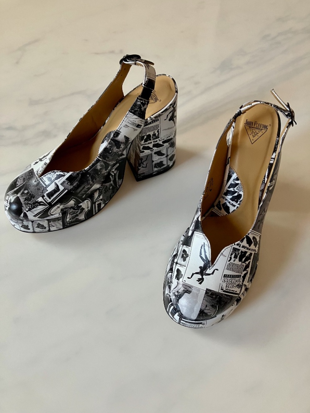 WITH BOX John Fluevog Ternura Newsprint Slingback Platform Heels 10 - Picture 2 of 8
